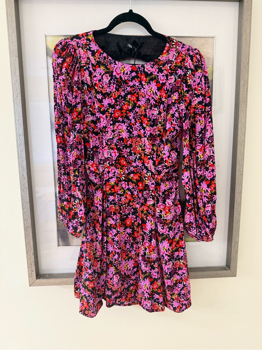 Zara Black Mini Dress with Pink & Red Floral Print